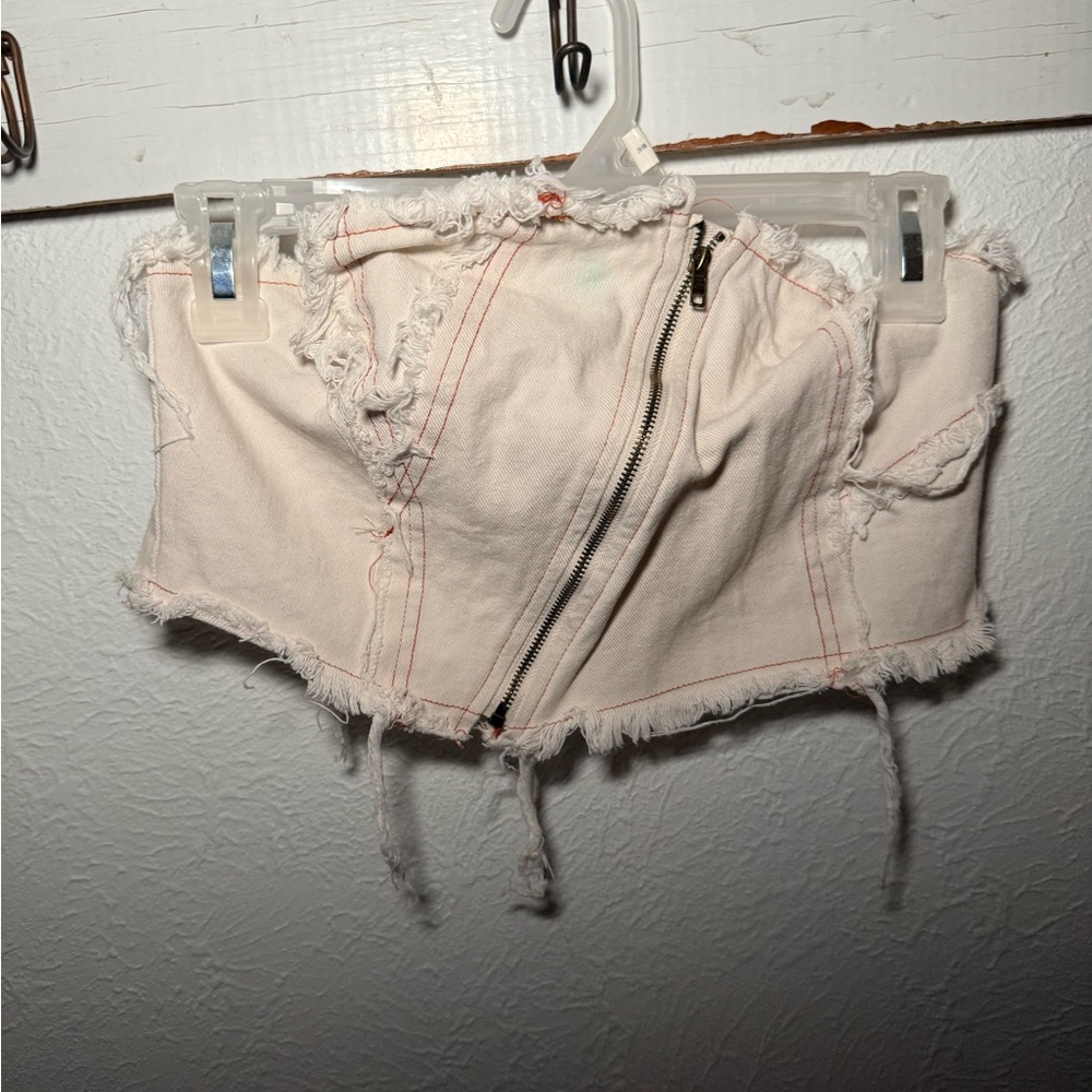 SHEIN Frayed Cream Denim Bustier Top